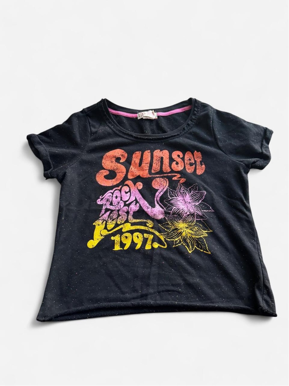 OP Black Tee with Orange, Pink & Yellow Sunset Graphic
